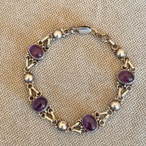 Vintage Sterling Silver 925 Cabochon Amethyst Link Bracelet